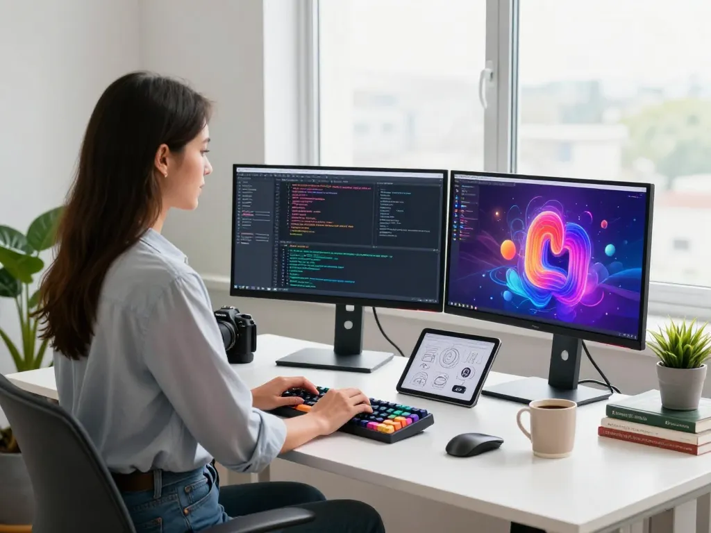 Innovative workspace featuring a developer coding with juicy ai tools and vibrant art displays.