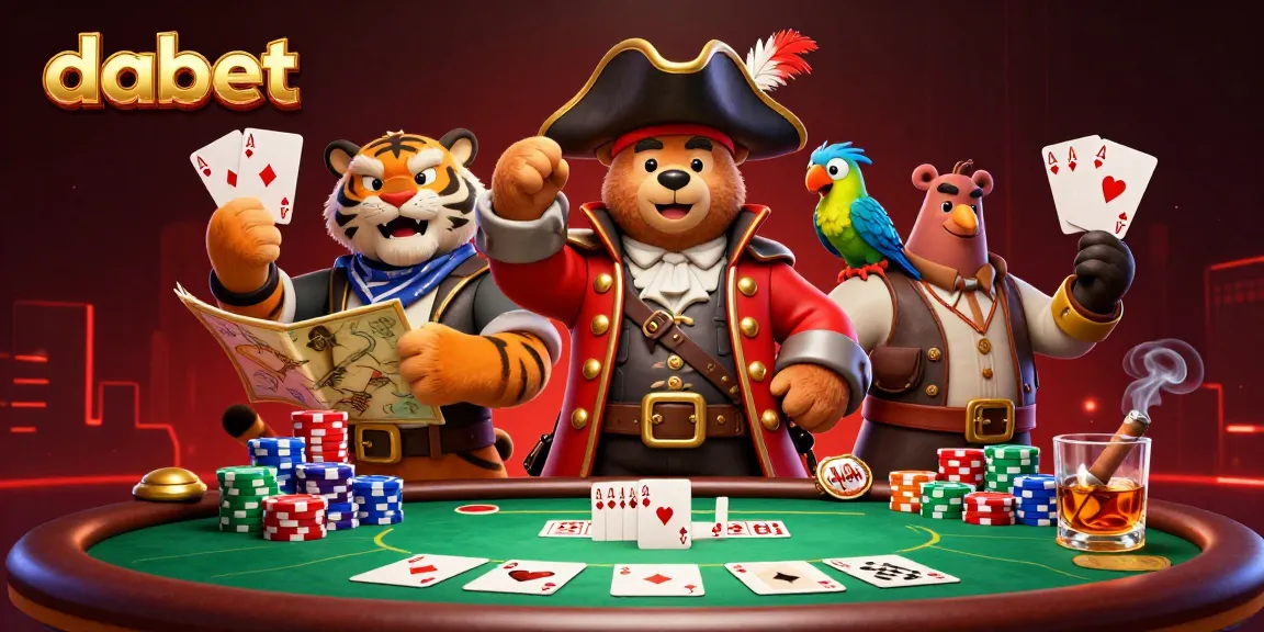 Dabet, a pirate bear and a tiger play cards at a glowing casino table, surrounded by poker chips.
