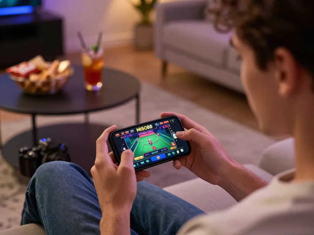 MISO88 user engaging with casino app on smartphone during a cozy home gaming night.