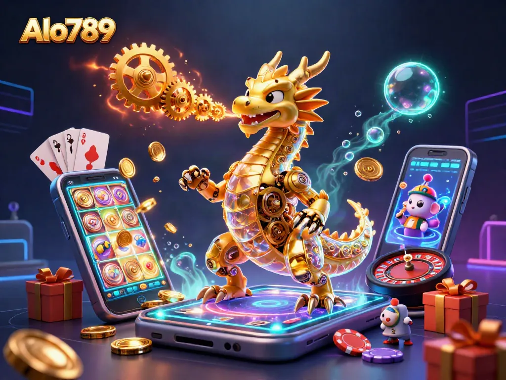 Alo789 showcases an elite 3D golden dragon breathing gears over a thrilling slot scene, capturing casino excitement.