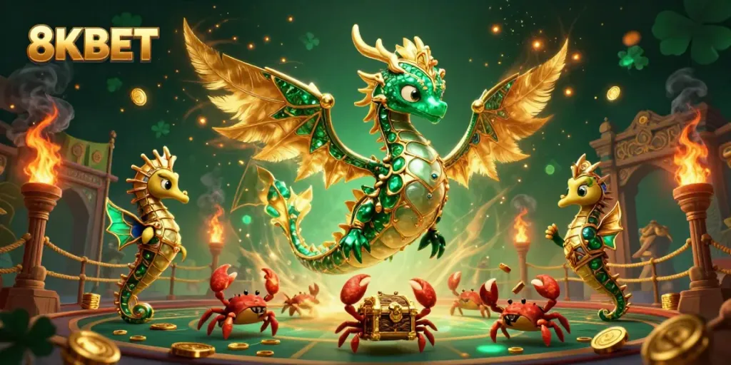 Experience the excitement of 8KBET with a magical sea dragon and treasure chest in a vibrant underwater casino.