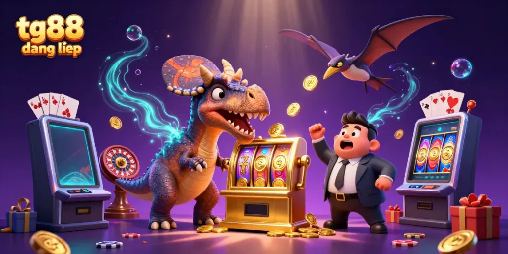 Engage in fun gaming excitement with tg88 đăng nhập, featuring vibrant 3D casino characters and dynamic slot machine action.