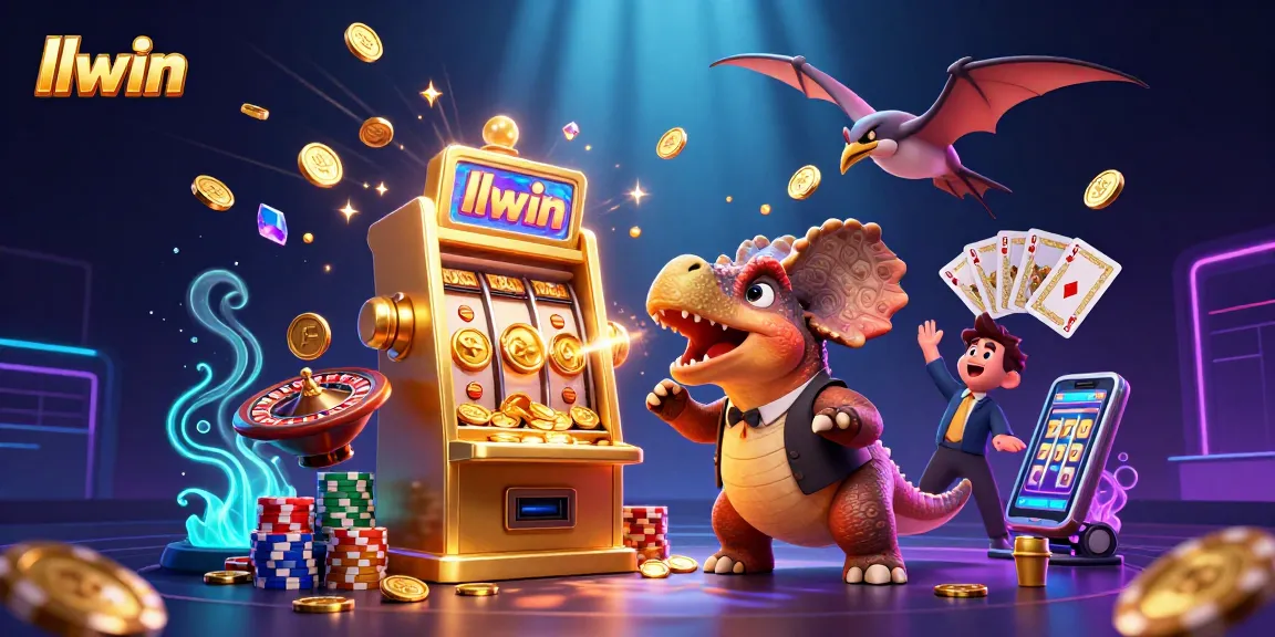 Experience thrilling jackpots with llwin as cartoon dinosaurs activate a golden slot machine.