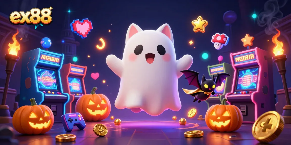 Experience the thrill of ex88 with a ghost cat and bat companion in a vibrant haunted casino.