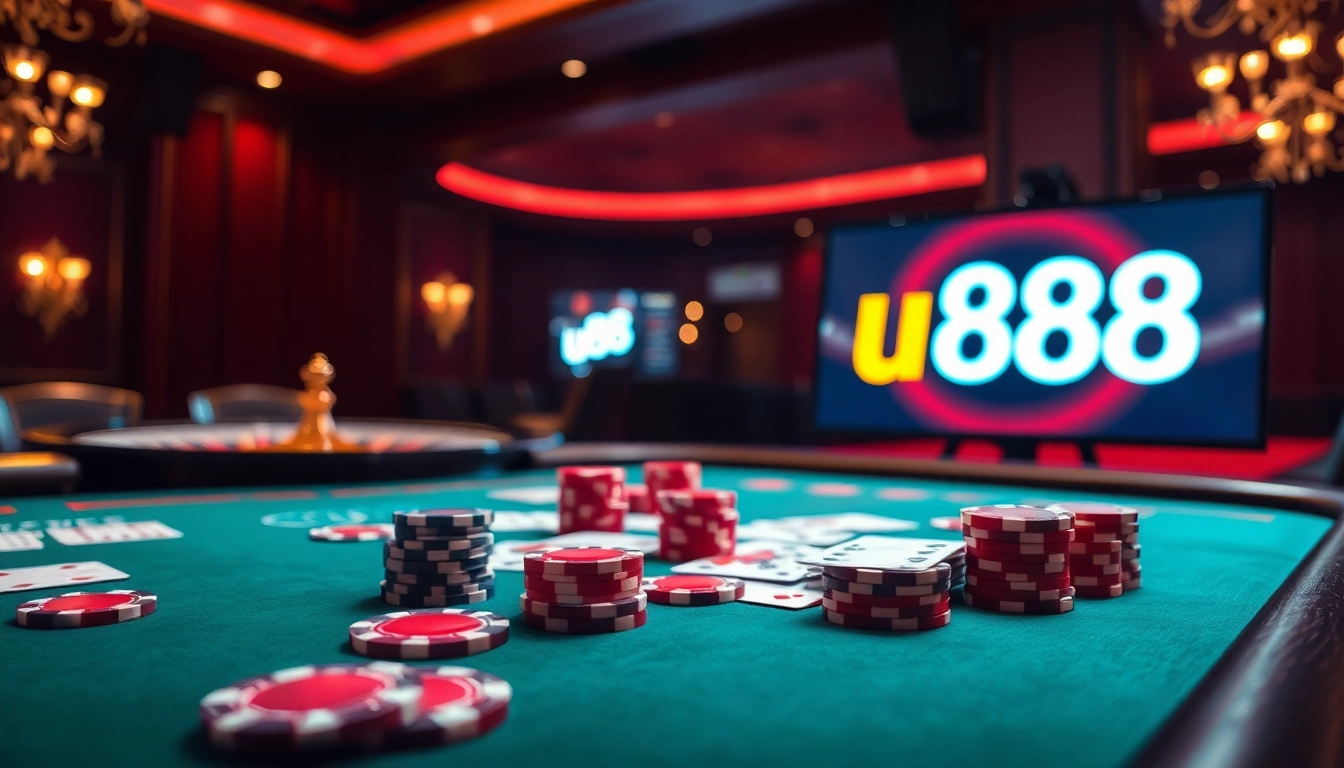 Experience the luxury of gambling at u888 with vibrant poker chips and a roulette wheel in a high-stakes casino.