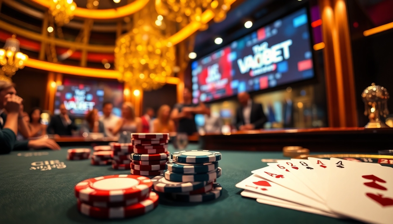 Experience thrilling online gambling at VAOBET with poker chips and vibrant casino elements.