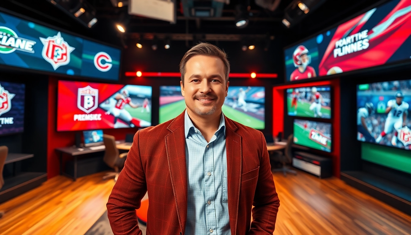 Engaging sports broadcasting setup with dynamic visuals and a confident announcer.