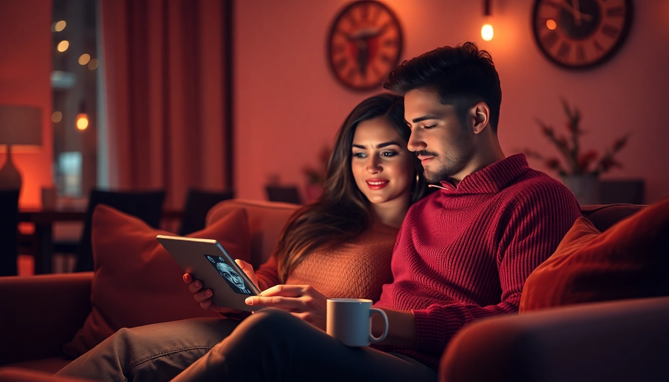 Sexting AI conversation in a cozy, romantic setting with a couple engaging with technology.