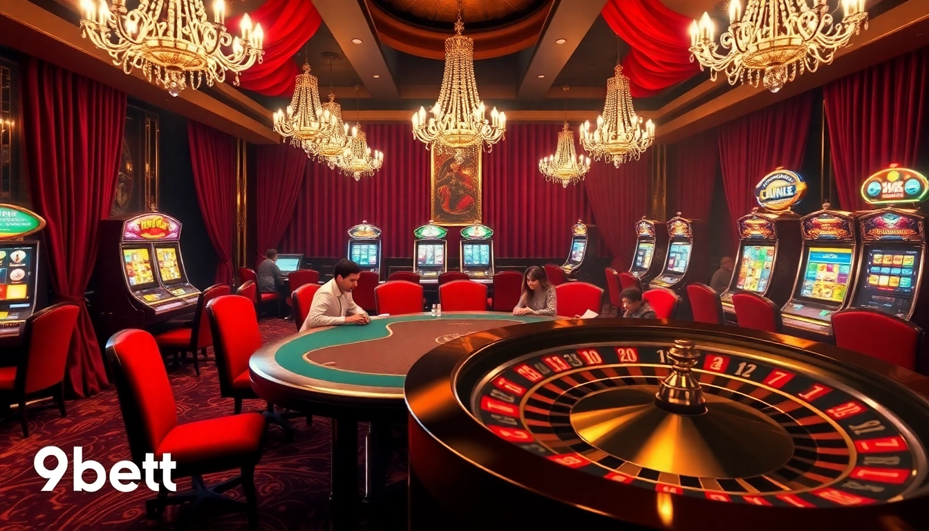 Engage in thrilling gameplay at https://9bet9.in.net/ with a vibrant casino scene featuring poker tables, roulette wheels, and slot machines.