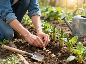 Gardener planting groene asperges zaaien in rich soil during spring.