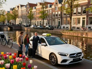 Taxi Amsterdam service met luxueuze Mercedes aan schilderachtige gracht, die het gemak en de schoonheid van stadsreizen toont.