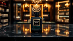 Ontdek Musamam Black Intense by Lattafa, een geur in een luxe flacon op een marmeren oppervlak.