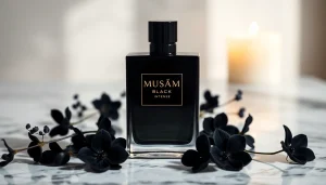 Experience the allure of Musamam Black Intense by Lattafa in a luxurious setting with elegant details.