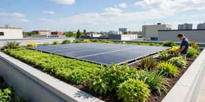 Zonnepanelen op sedumdak geïntegreerd met een weelderige groene daktuin, die duurzaam leven illustreert.