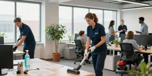 Schoonmaakbedrijf den haag professionals thoroughly cleaning a modern office space using eco-friendly techniques.