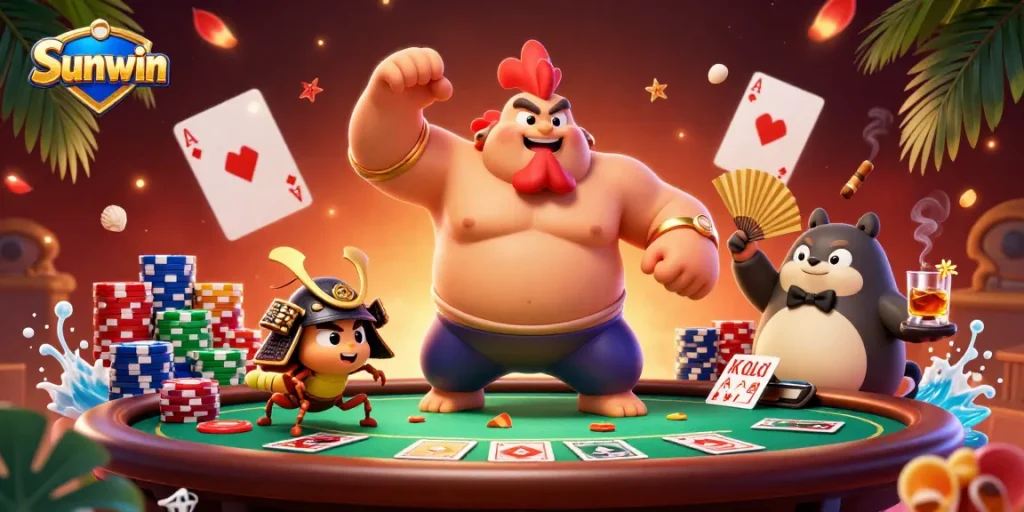 Sunwin showcases vibrant poker action with a powerful sumo rooster, fierce samurai cricket, and a tanuki announcer