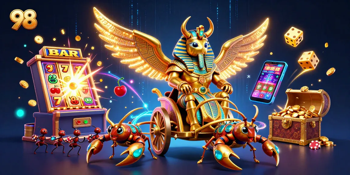 Join the excitement at 98 with a vivid 3D casino illustration full of gaming elements.