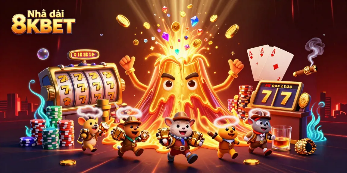 Engaging scene of Nhà cái 8KBET showcasing a triumphant volcano with treasure and vibrant slot elements.