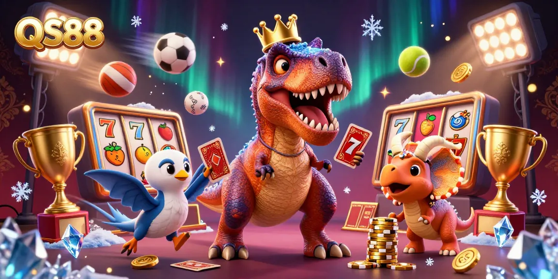 QS88 showcases a lively casino scene with a T-Rex shuffling cards and a baby triceratops stacking chips, promoting casino excitement.