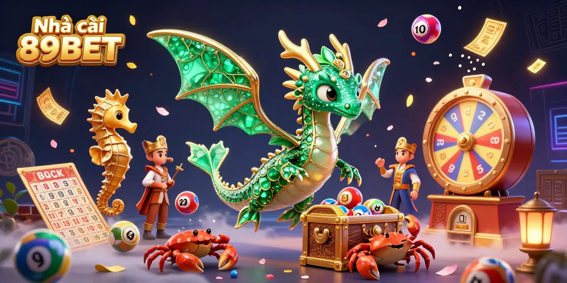 Experience the thrill of Nhà cái 89BET with a vibrant illustration showcasing winning lottery elements and a majestic sea dragon.