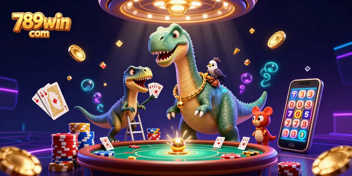 Engaging scene showcasing 789win com with a brontosaurus and raptor dealing cards, immersed in vibrant casino action.