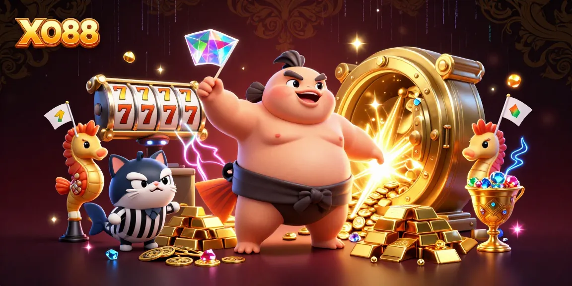 Engage with the thrilling gaming experience at XO88, featuring dynamic slot elements and vibrant casino characters.