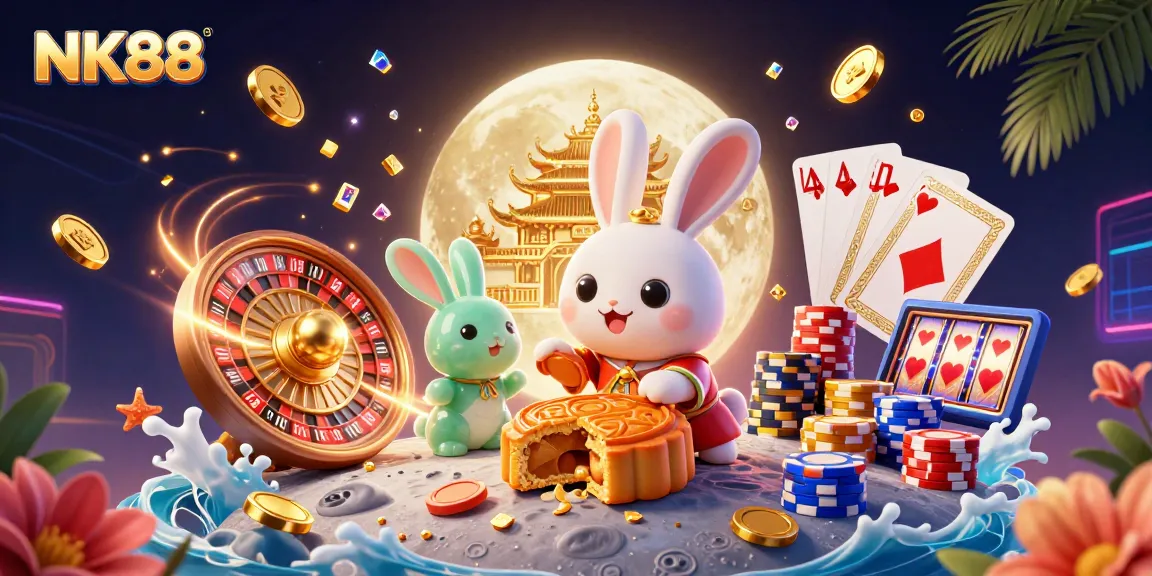 Engage with NK88's vibrant casino world, as the moon rabbit reveals hidden poker treasures.