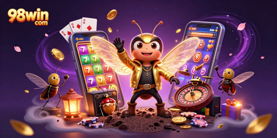 Spin and win at 98win com with a vibrant slot game featuring golden coins and electric casino vibes!