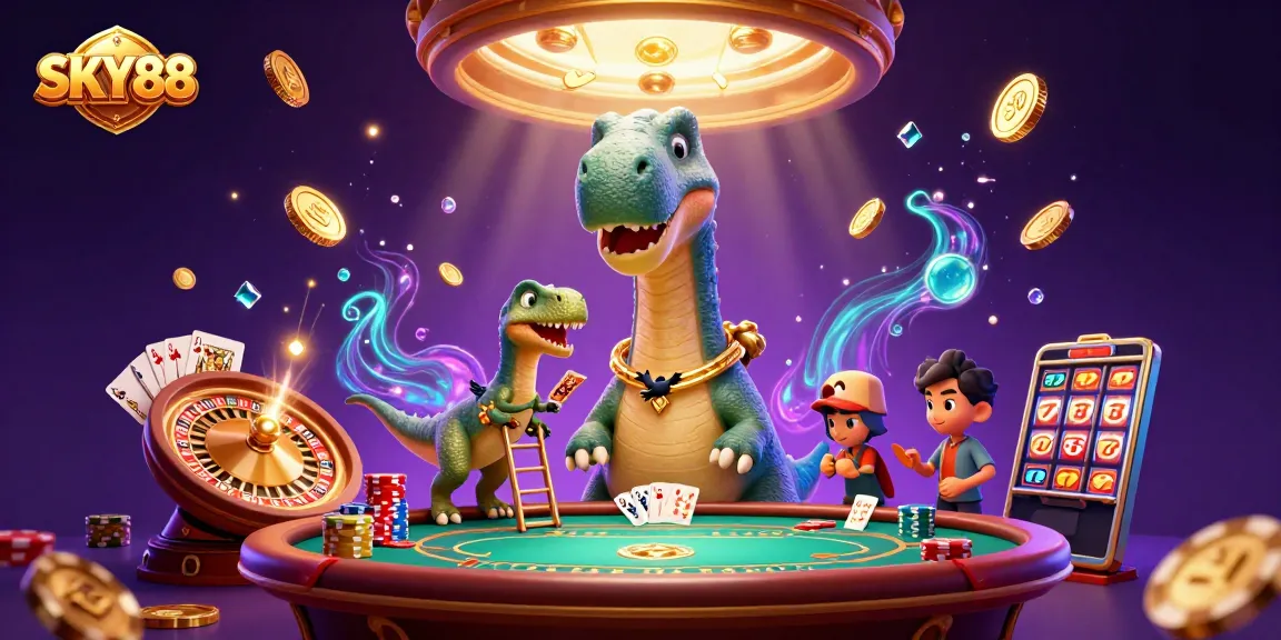 Experience the excitement of SKY88 as a giant brontosaurus oversees a thrilling casino scene.