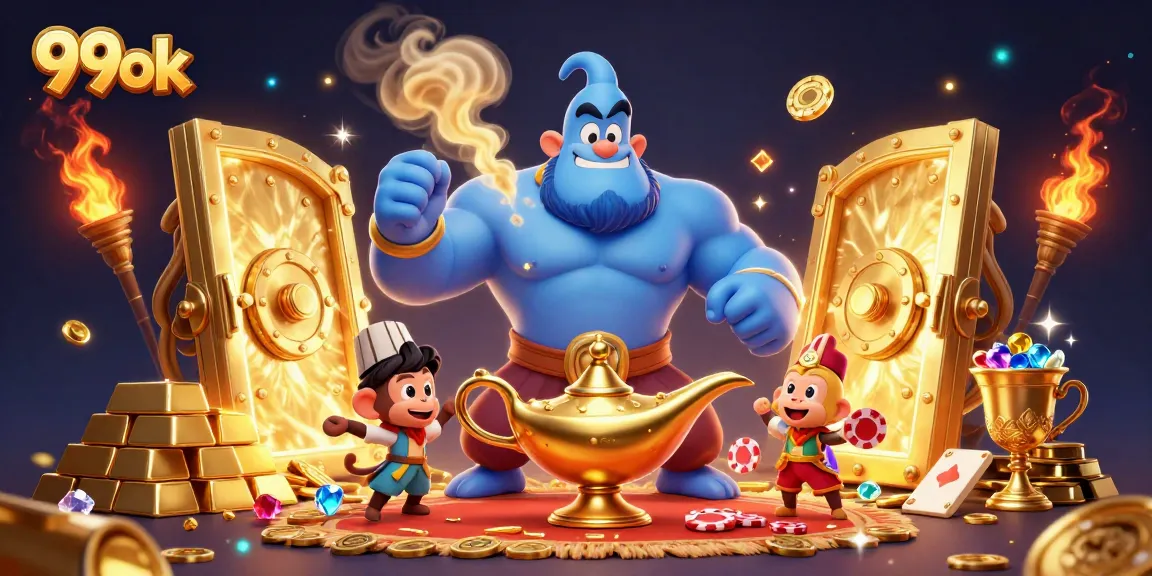 Engage in thrilling gameplay at 99ok with a vibrant 3D illustration of a genie and treasure.