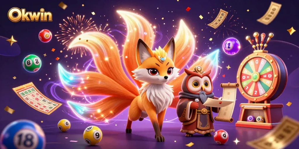Engage with Okwin's vibrant lottery scene featuring colorful balls and dynamic prize elements.