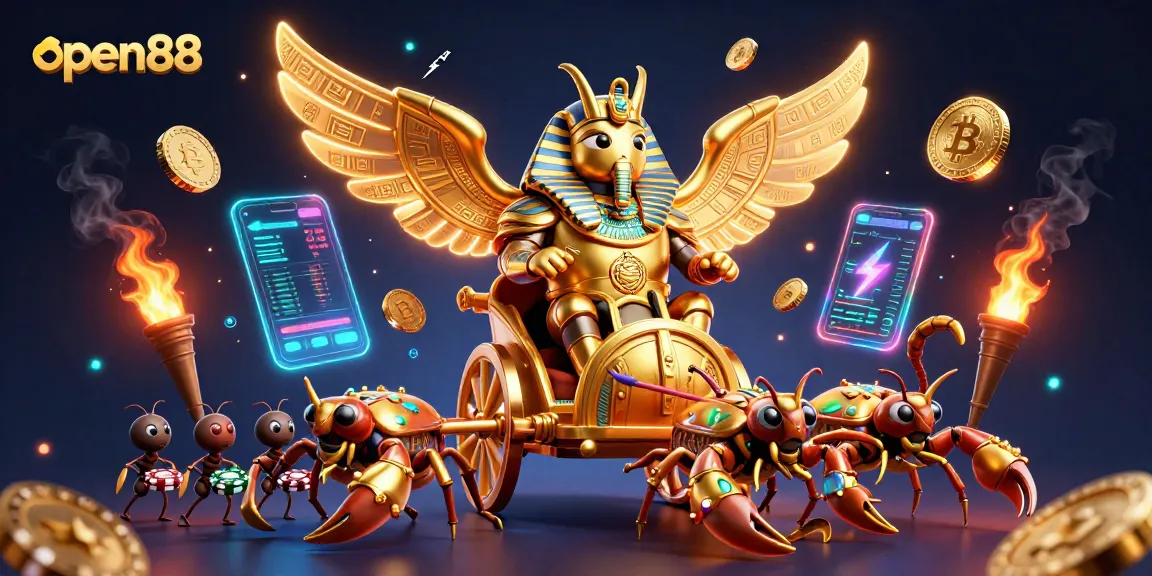 Engage with open88 through a vibrant 3D scene featuring a golden scarab chariot in a thrilling casino setting.