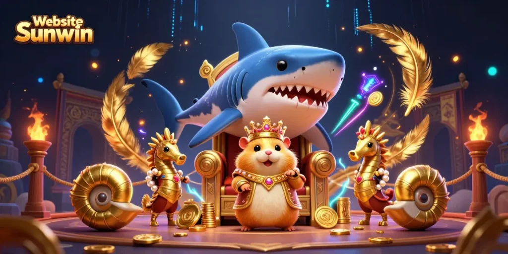 Experience thrilling gameplay with the Website Sunwin illustrating a golden hamster king on a megalodon throne.