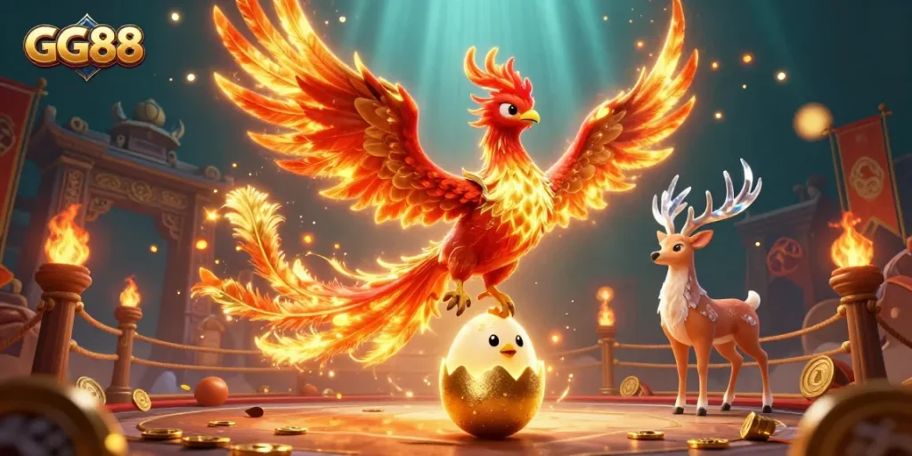 Engage with GG88's vibrant casino offerings, featuring a phoenix and mystical stag in a dynamic scene.