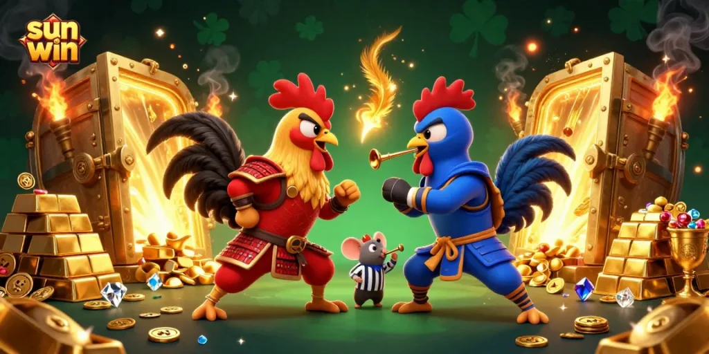 Experience sun win's thrilling action with fighting roosters and golden treasure in dynamic casino illustration.