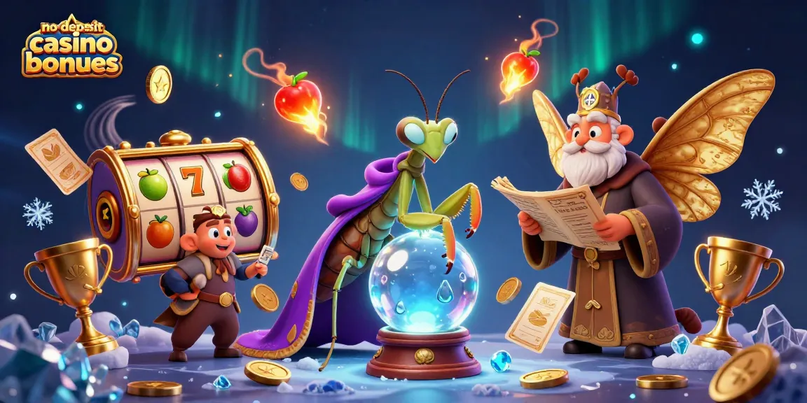 No deposit casino bonuses illustrated with a mystical fortune teller and vibrant slot game elements.