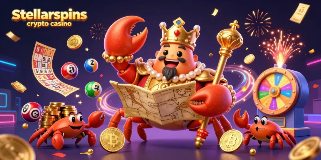Engage at stellarspins crypto casino with a vibrant 3D illustration of gaming elements and characters.