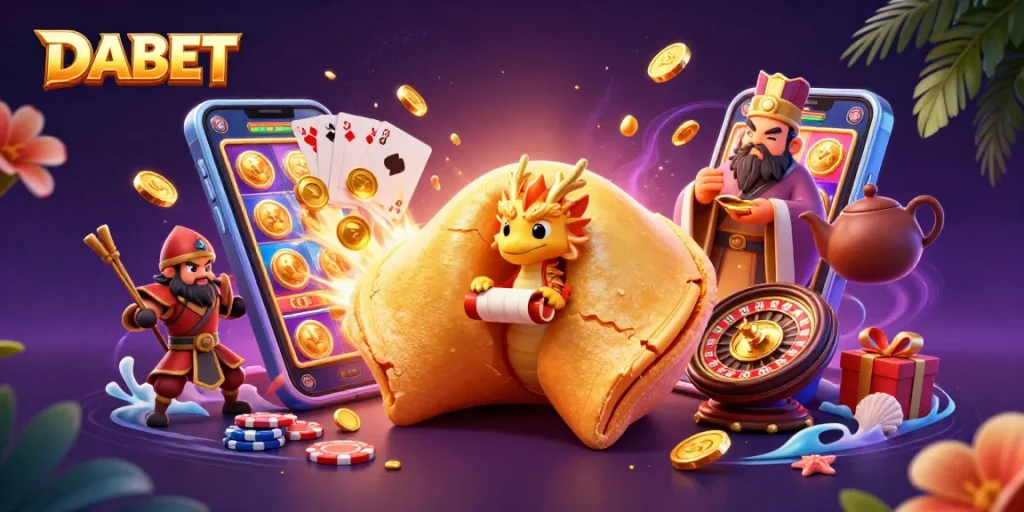 DABET's top Asian online casino brings luck with a giant fortune cookie, dragon, and golden game symbols.
