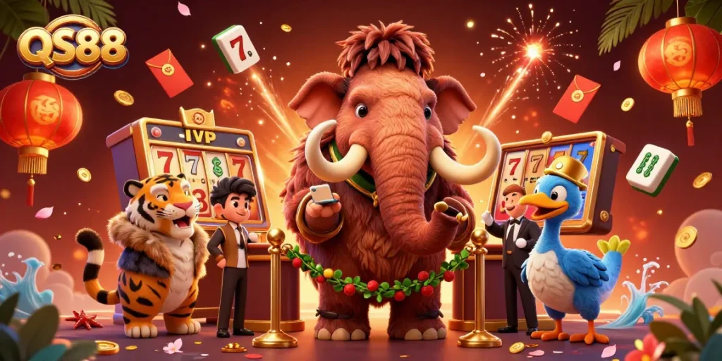 Experience vibrant gaming at QS88 with a 3D bouncer, VIP guest, and festive casino elements.