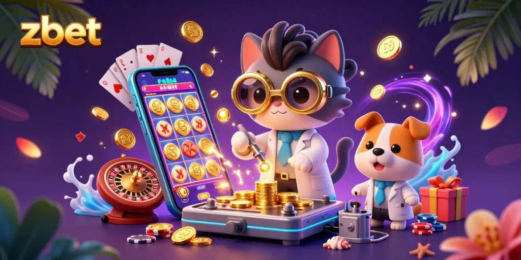 Vibrant zbet illustration showcasing a mad scientist cat and assistant in a casino-themed lab with slot games.