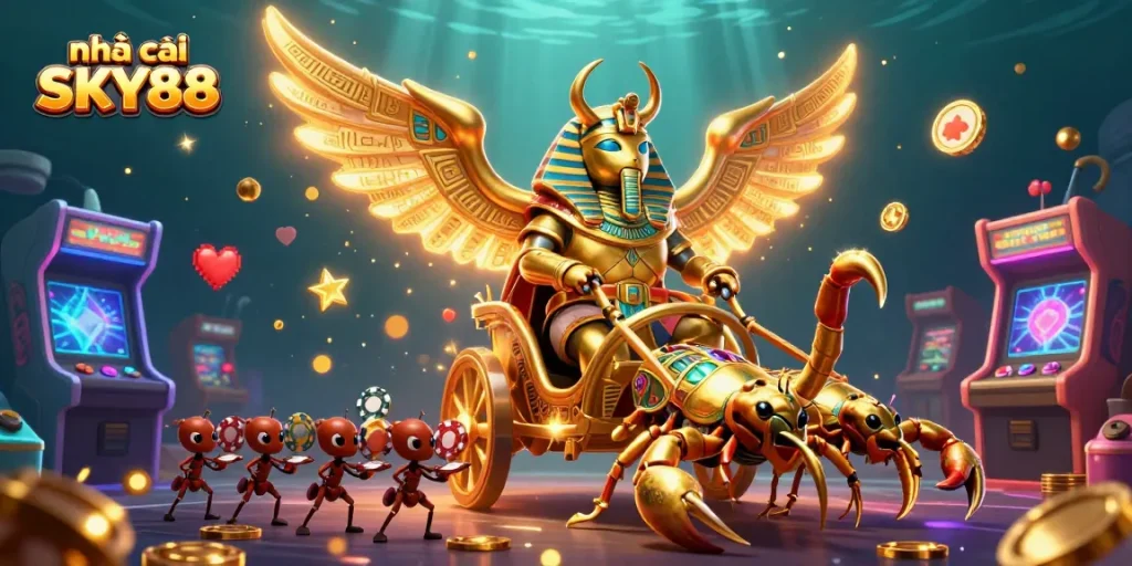 Experience the excitement of nhà cái SKY88 with vibrant gaming elements in this dynamic 3D illustration.