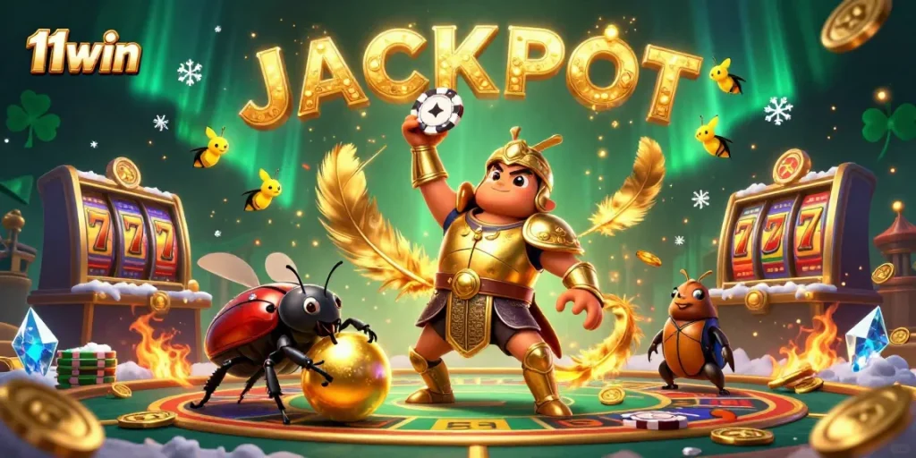 Experience exciting wins with 11win as a heroic beetle lifts a poker chip in 3D casino illustration.