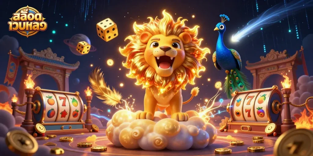 Experience the thrill of สล็อตเว็บตรง with a vibrant casino illustration featuring iconic symbols.