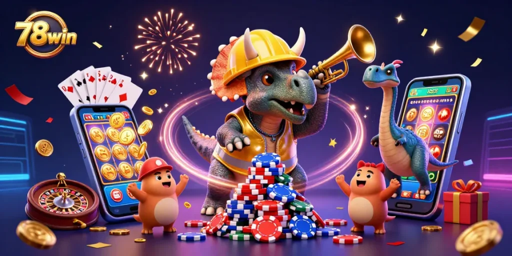 Experience the excitement of 78win with a vibrant celebration scene showcasing gambling activities.