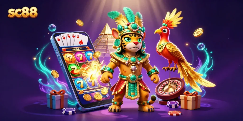 Experience sc88 with a Mayan jaguar priest and casino elements in a vibrant 3D illustration.