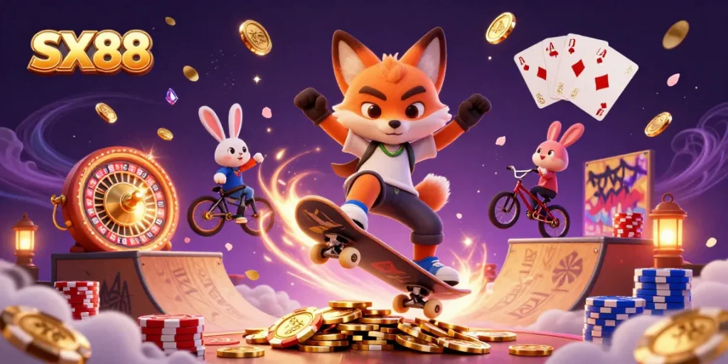SX88 offers dynamic gaming excitement with a skateboarder fox and BMX rabbit amidst casino elements.