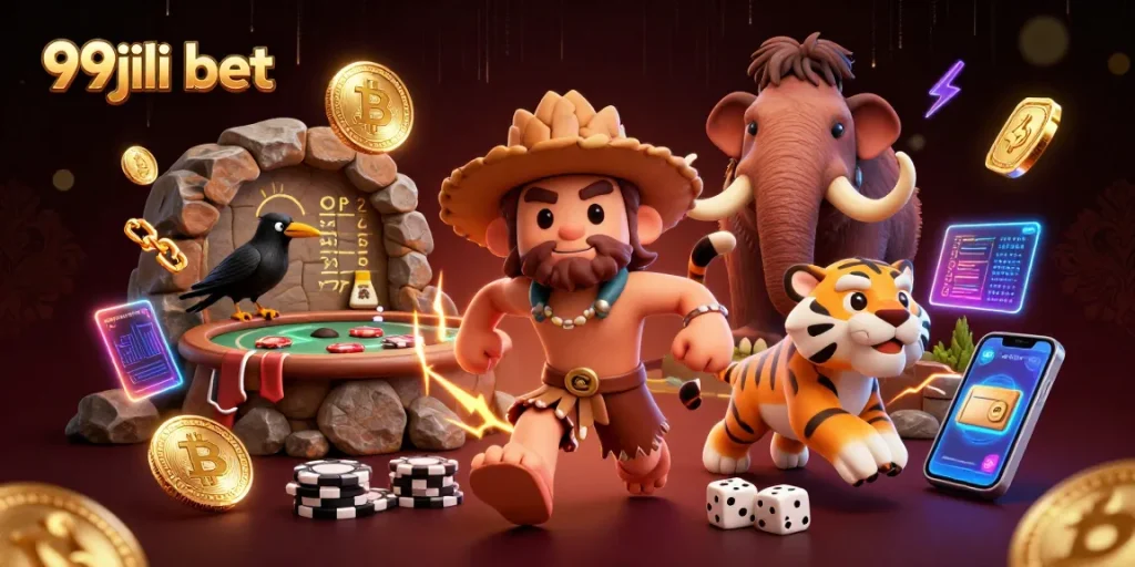 Engage with the 99jili bet experience in a vibrant prehistoric casino with neon and crypto elements.
